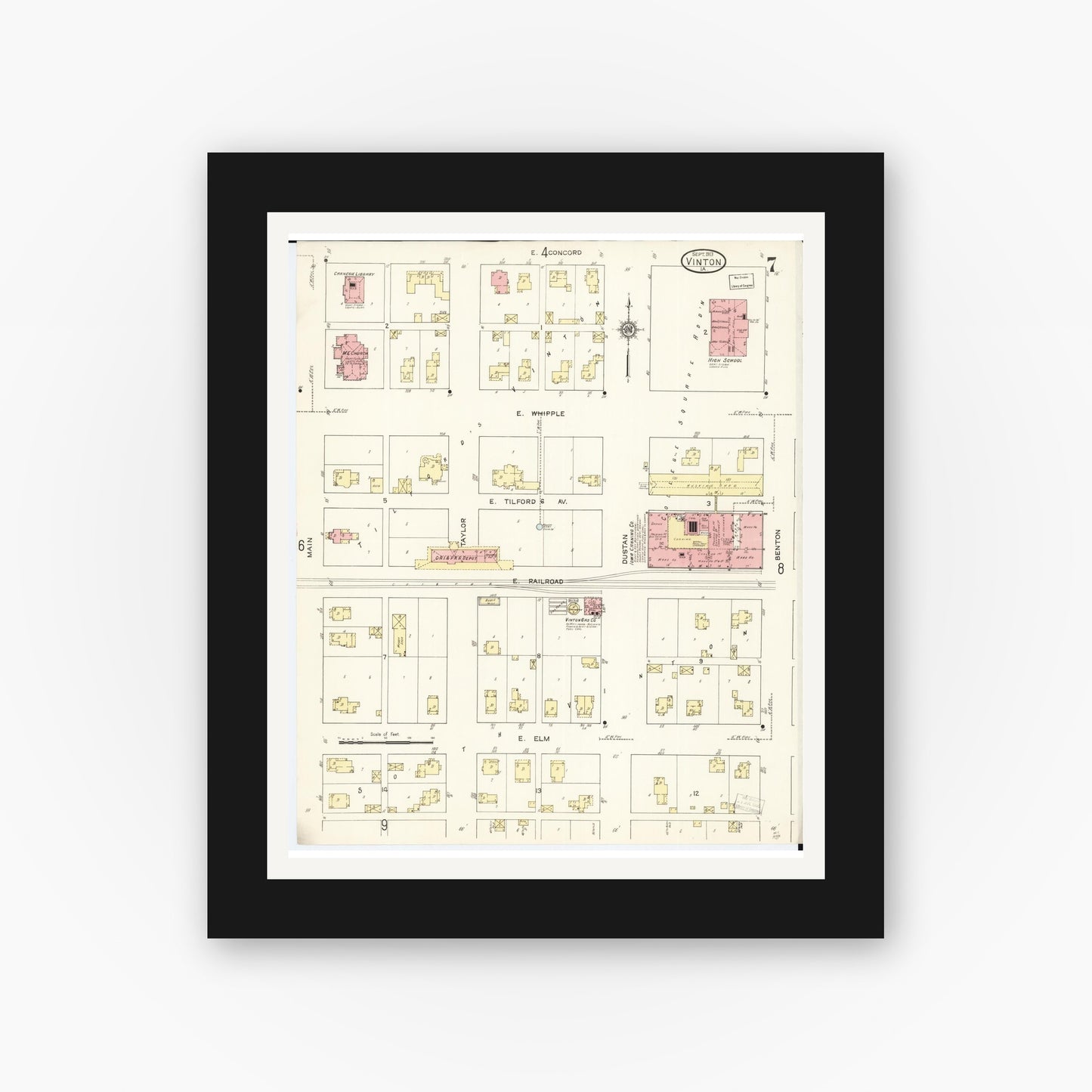 Old map wall art mockup — black gallery frame with white mat — Sanborn Fire Insurance Map from Vinton, Benton County, Iowa (1913), Sheet #0007