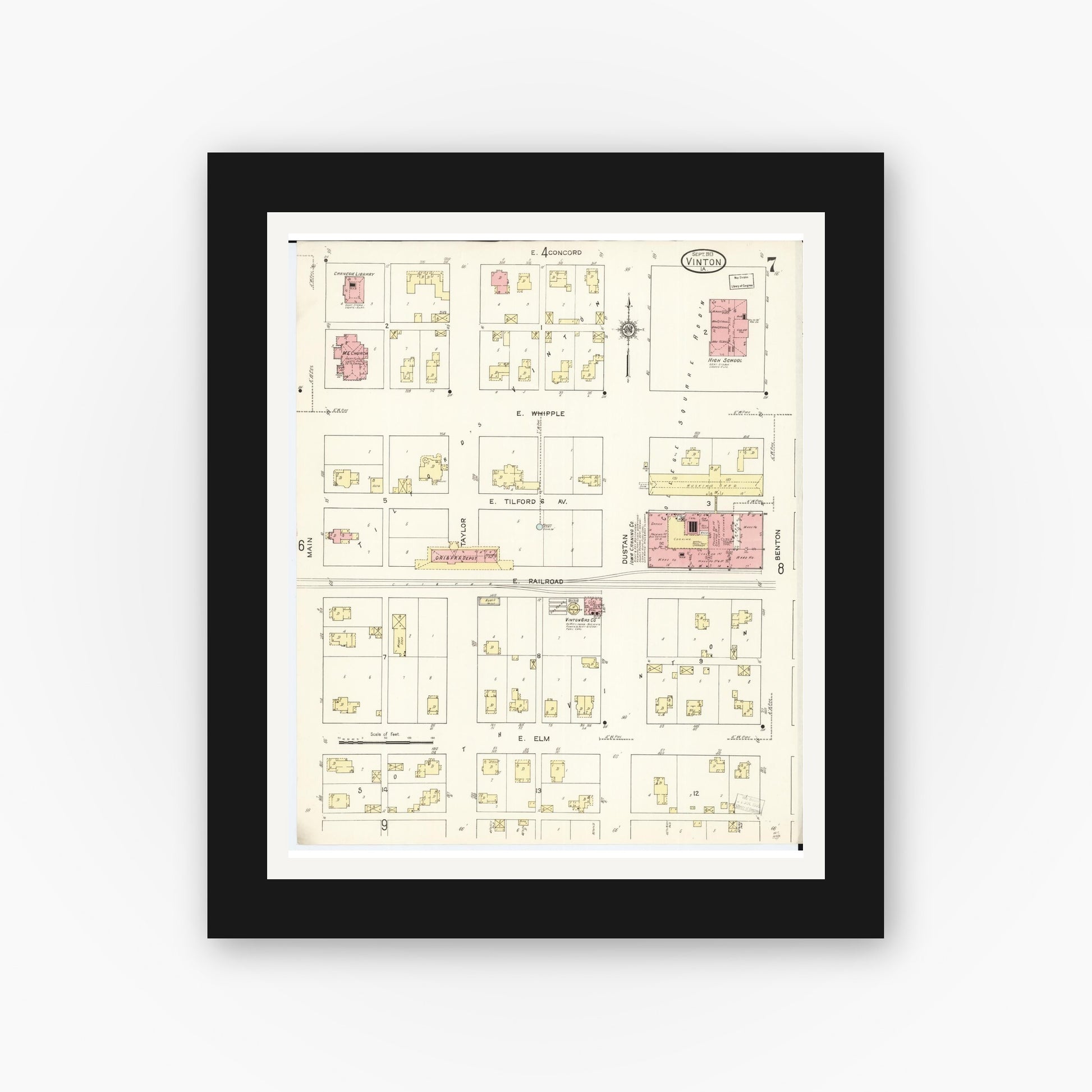 Old map wall art mockup — black gallery frame with white mat — Sanborn Fire Insurance Map from Vinton, Benton County, Iowa (1913), Sheet #0007
