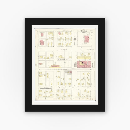 Old map wall art mockup — black gallery frame with white mat — Sanborn Fire Insurance Map from Vinton, Benton County, Iowa (1913), Sheet #0007