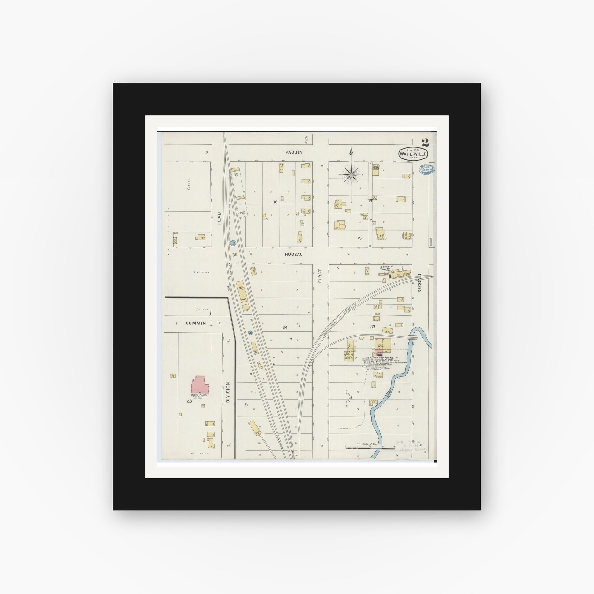 Old map wall art mockup — black gallery frame with white mat — Sanborn Fire Insurance Map from Waterville, Le Sueur County, Minnesota (1894), Sheet #0002