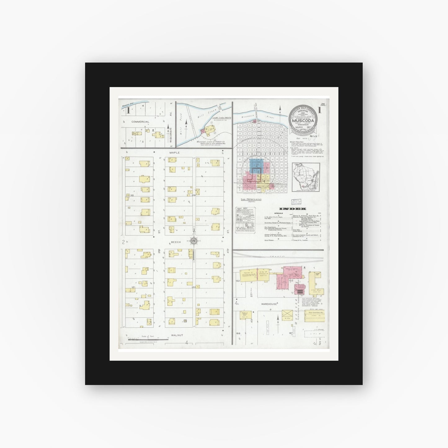 Old map wall art mockup — black gallery frame with white mat — Sanborn Fire Insurance Map from Muscoda, Grant County, Wisconsin (1927), Sheet #0001