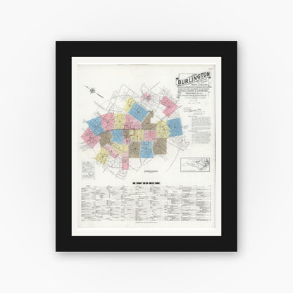 Old map wall art mockup — black gallery frame with white mat — Sanborn Fire Insurance Map from Burlington, Alamance County, North Carolina (1929) - Complete Map Set