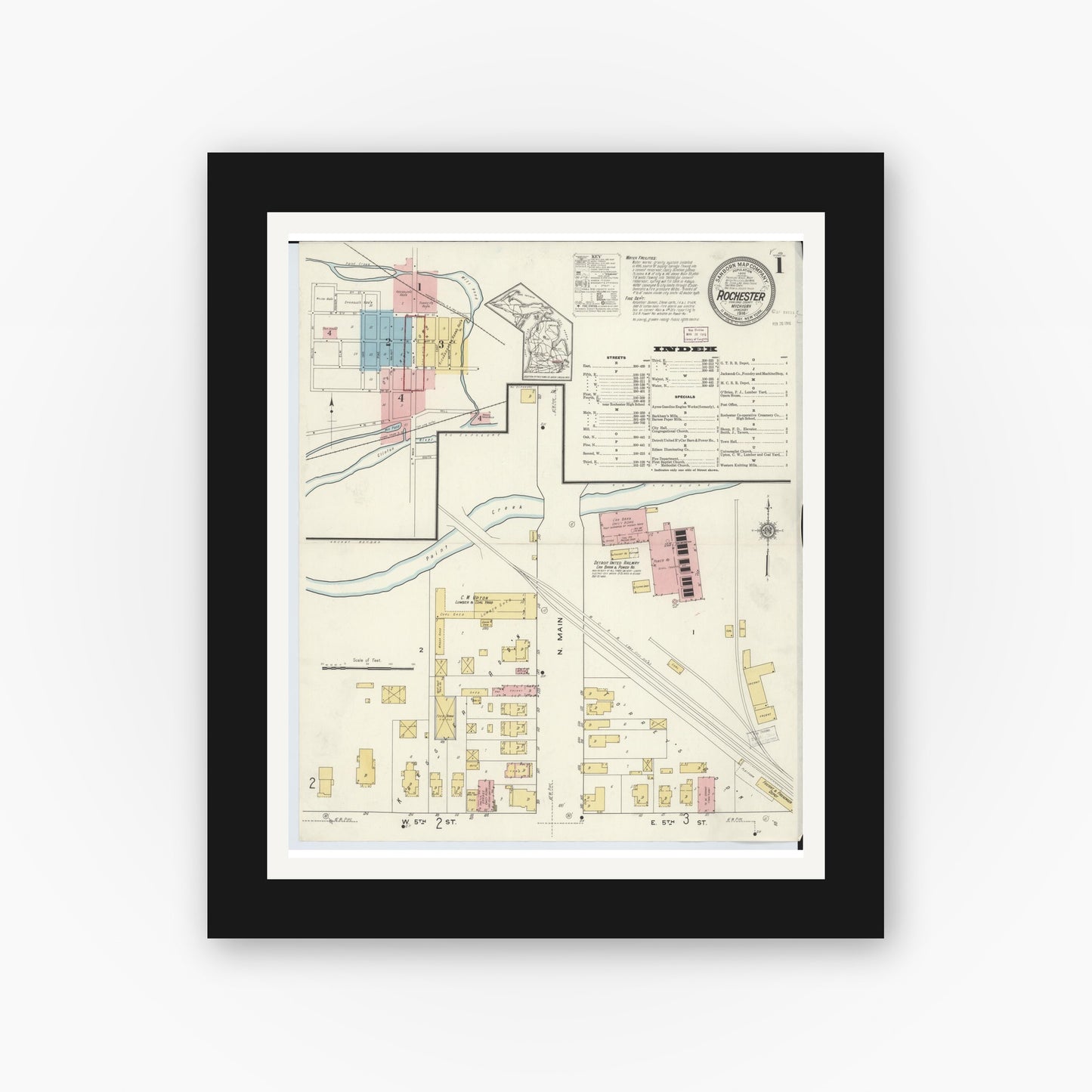 Old map wall art mockup — black gallery frame with white mat — Sanborn Fire Insurance Map from Rochester, Oakland County, Michigan (1916) - Complete Map Set