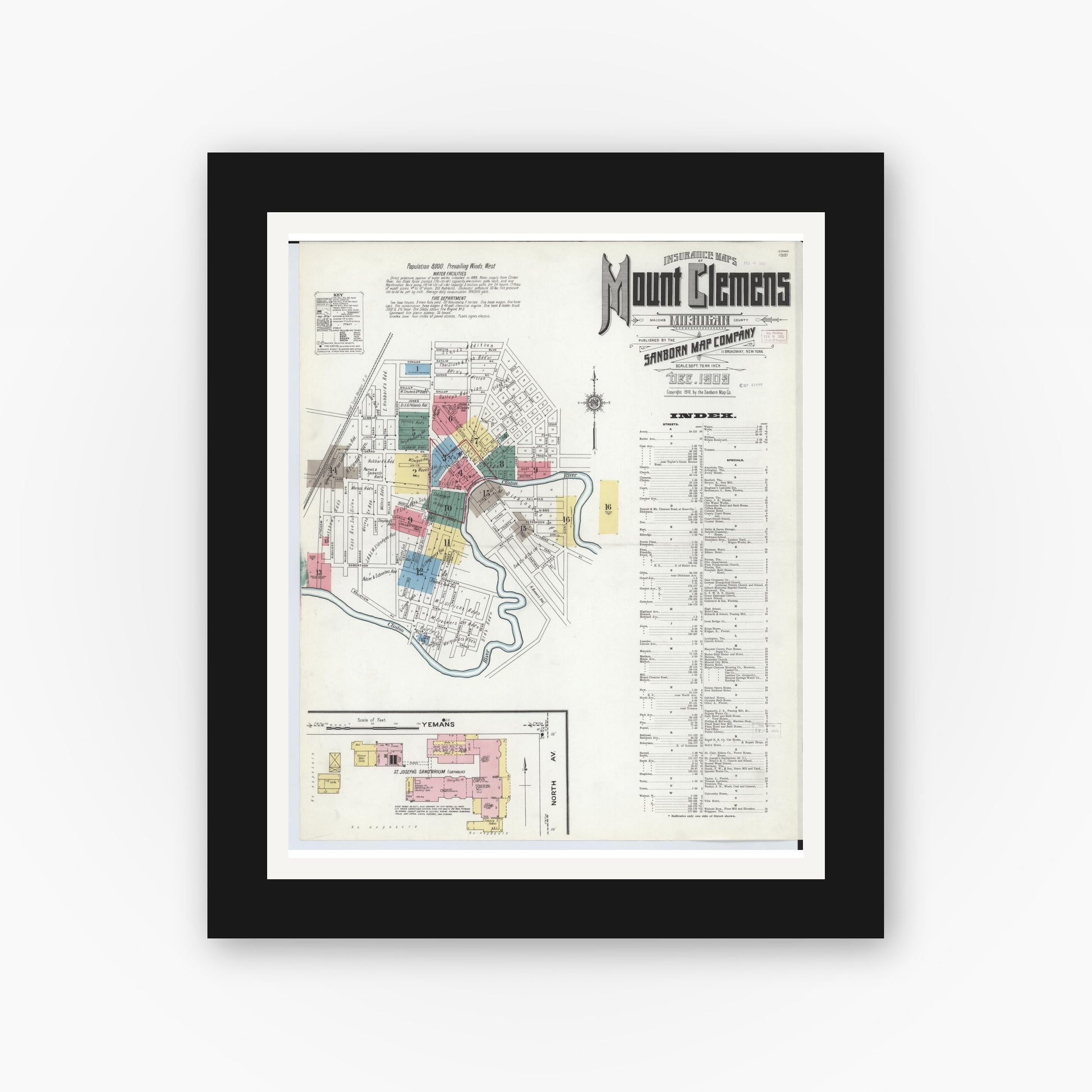 Old map wall art mockup — black gallery frame with white mat — Sanborn Fire Insurance Map from Mount Clemens, Macomb County, Michigan (1909) - Complete Map Set
