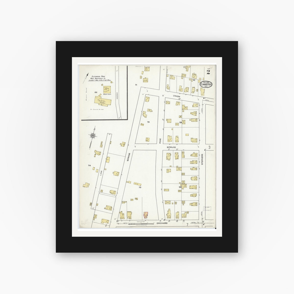 Old map wall art mockup — black gallery frame with white mat — Sanborn Fire Insurance Map from Canisteo, Steuben County, New York (1920) - Complete Map Set