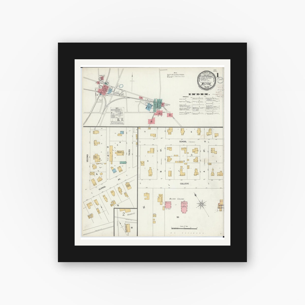 Old map wall art mockup — black gallery frame with white mat — Sanborn Fire Insurance Map from Milton, Rock County, Wisconsin (1900) - Complete Map Set