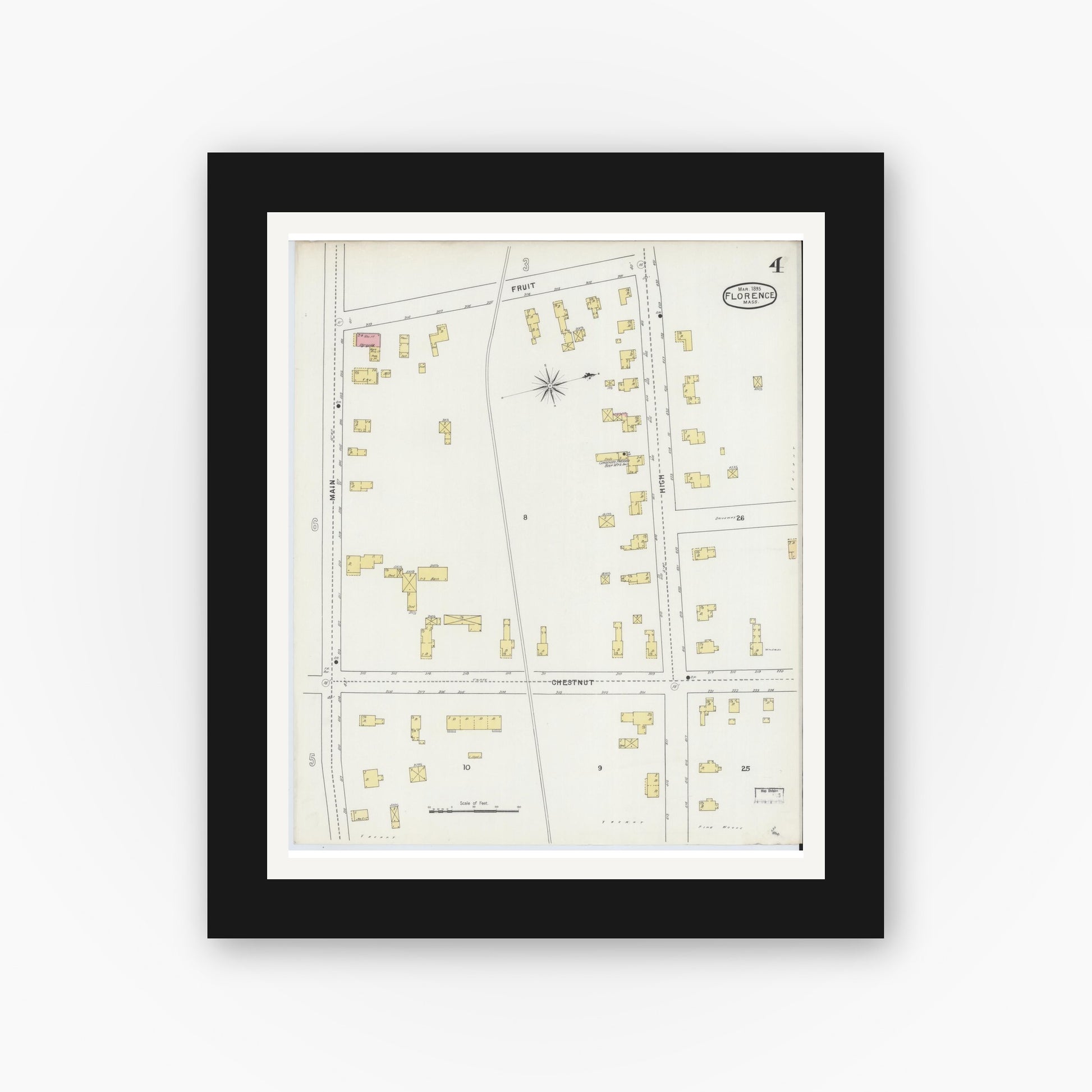 Old map wall art mockup — black gallery frame with white mat — Sanborn Fire Insurance Map from Florence, Hampshire County, Massachusetts (1895), Sheet #0004