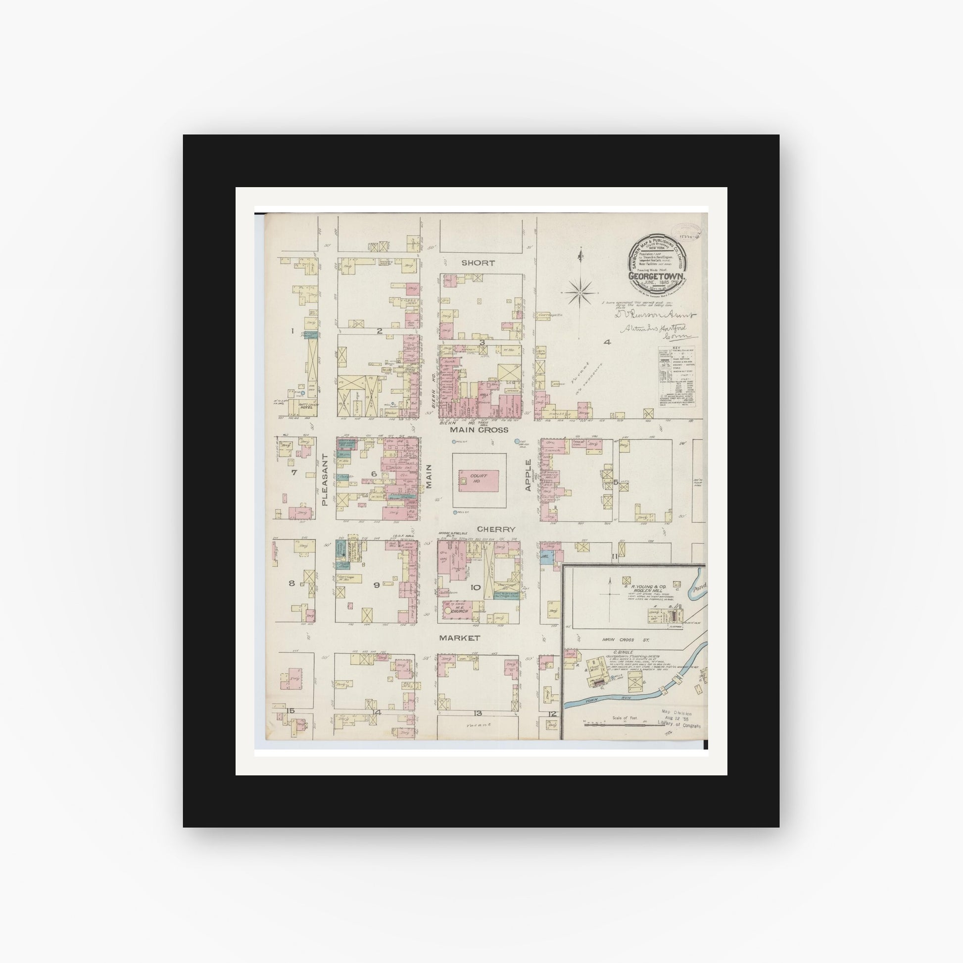 Old map wall art mockup — black gallery frame with white mat — Sanborn Fire Insurance Map from Georgetown, Brown County, Ohio (1885), Sheet #0001
