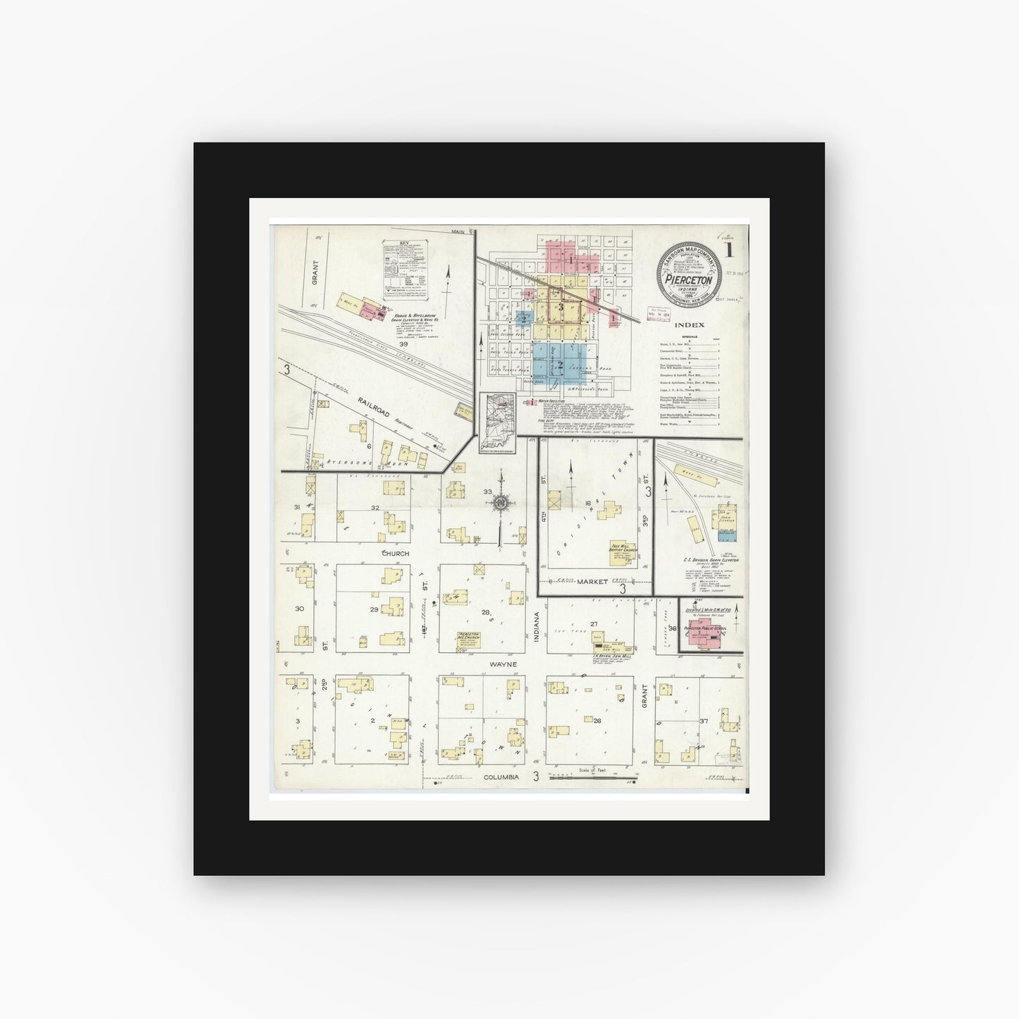 Old map wall art mockup — black gallery frame with white mat — Sanborn Fire Insurance Map from Pierceton, Kosciusko County, Indiana (1914) - Complete Map Set