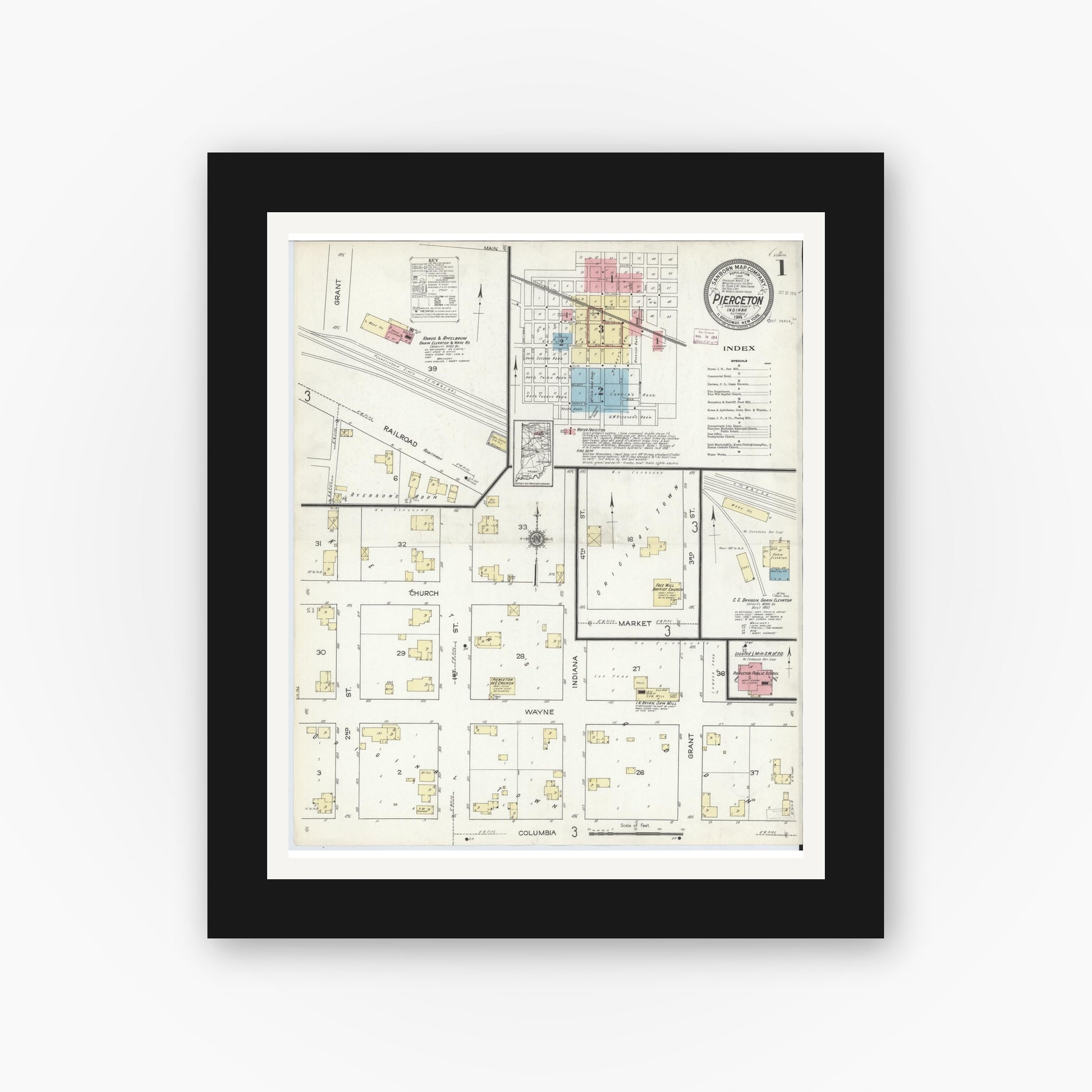 Old map wall art mockup — black gallery frame with white mat — Sanborn Fire Insurance Map from Pierceton, Kosciusko County, Indiana (1914) - Complete Map Set