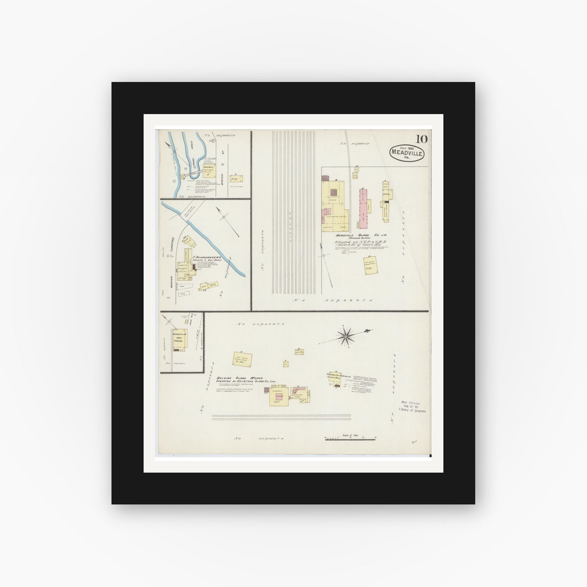 Old map wall art mockup — black gallery frame with white mat — Sanborn Fire Insurance Map from Meadville, Crawford County, Pennsylvania (1886), Sheet #0010