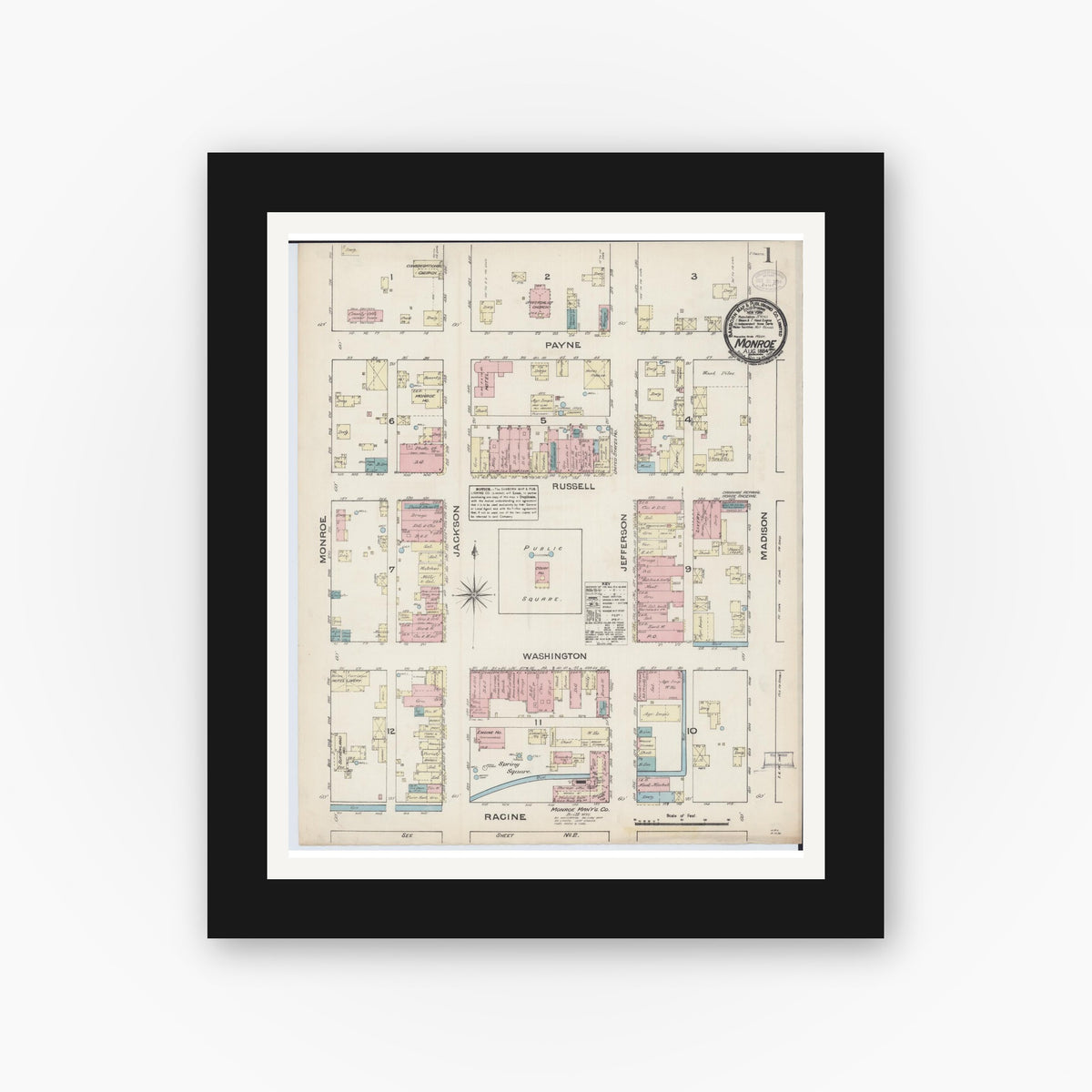 Old map wall art mockup — black gallery frame with white mat — Sanborn Fire Insurance Map from Monroe, Green County, Wisconsin (1884) - Complete Map Set
