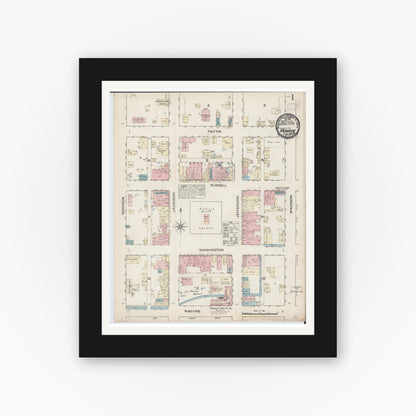 Old map wall art mockup — black gallery frame with white mat — Sanborn Fire Insurance Map from Monroe, Green County, Wisconsin (1884) - Complete Map Set