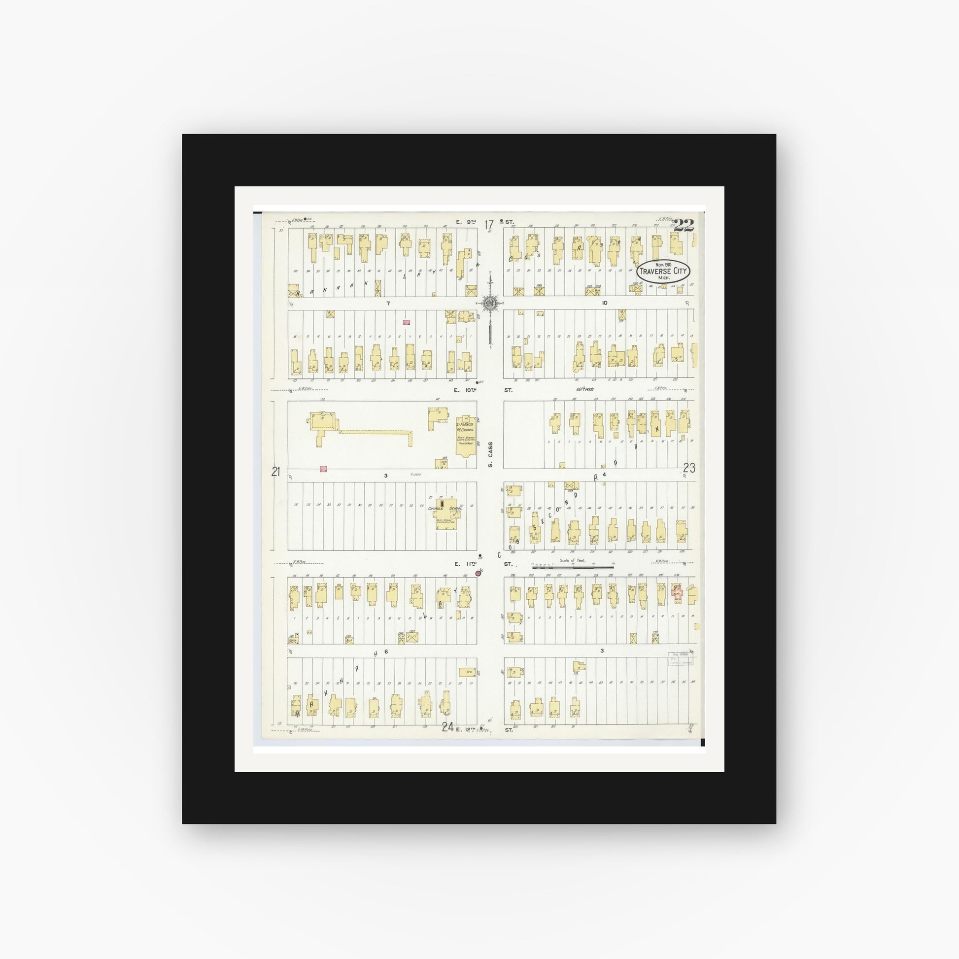 Old map wall art mockup — black gallery frame with white mat — Sanborn Fire Insurance Map from Traverse City, Grand Traverse County, Michigan (1910), Sheet #0022