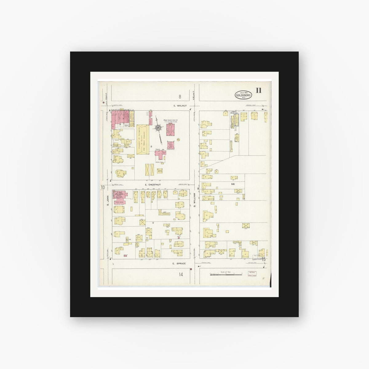 Old map wall art mockup — black gallery frame with white mat — Sanborn Fire Insurance Map from Goldsboro, Wayne County, North Carolina (1913), Sheet #0011