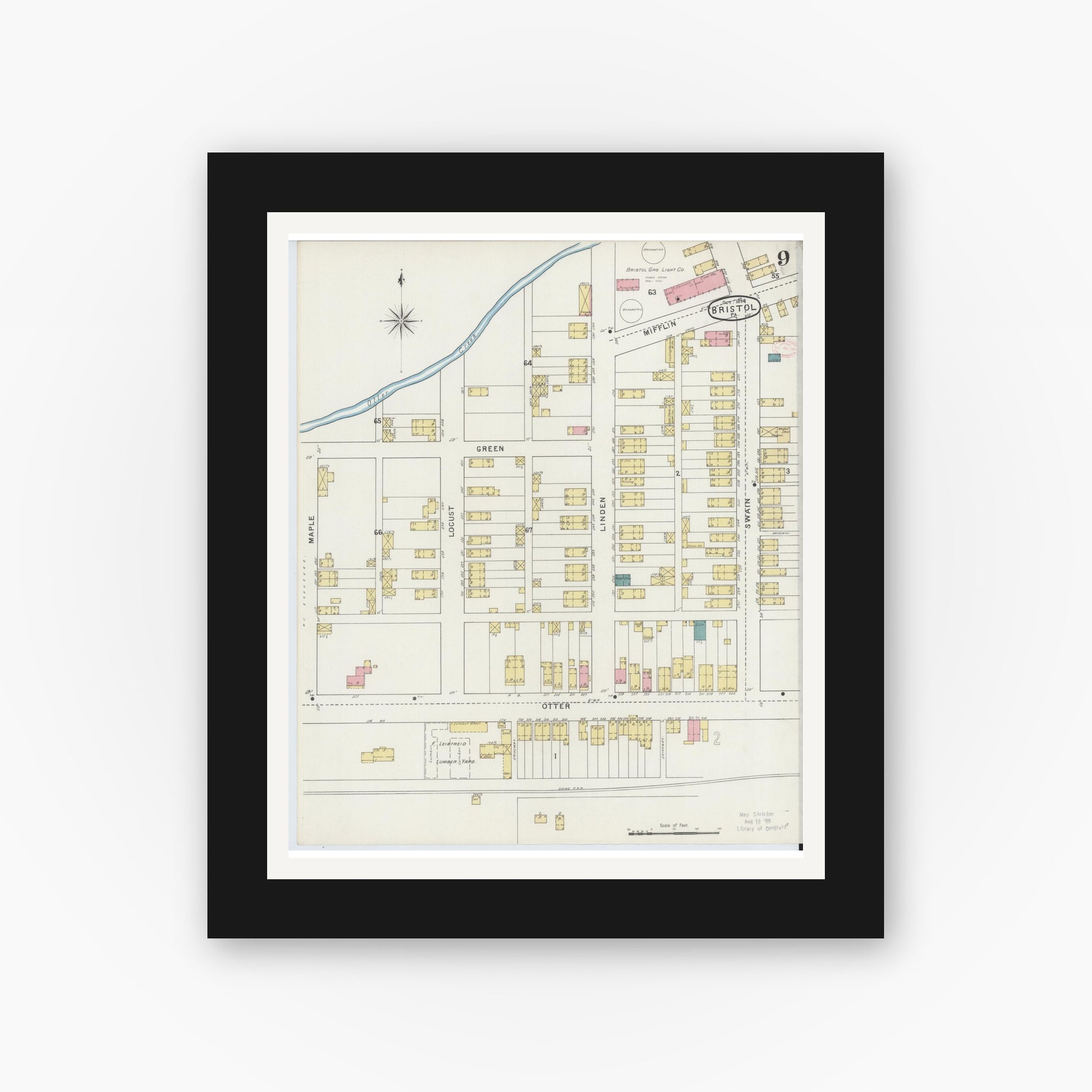 Old map wall art mockup — black gallery frame with white mat — Sanborn Fire Insurance Map from Bristol, Bucks County, Pennsylvania (1894), Sheet #0009