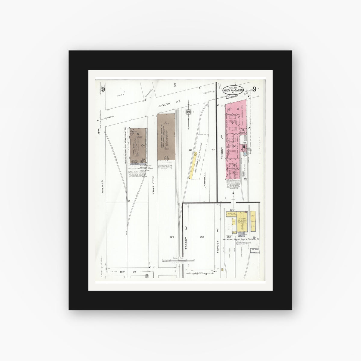 Old map wall art mockup — black gallery frame with white mat — Sanborn Fire Insurance Map from North Kansas City, Clay County, Missouri (1926), Sheet #0009