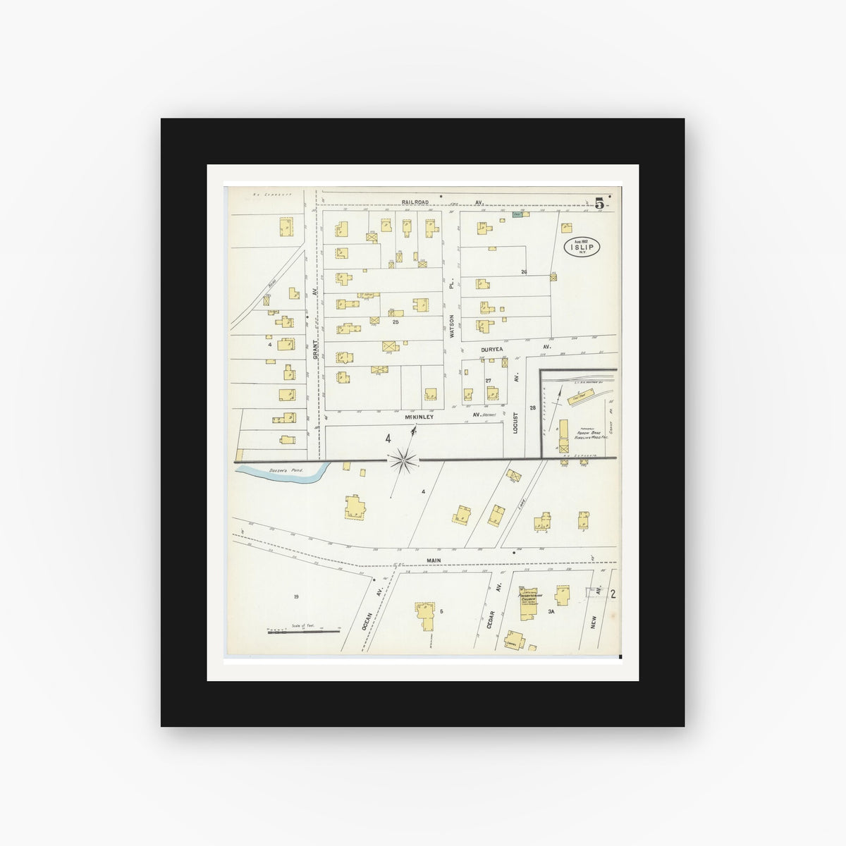Old map wall art mockup — black gallery frame with white mat — Sanborn Fire Insurance Map from Islip, Suffolk County, New York (1902), Sheet #0005