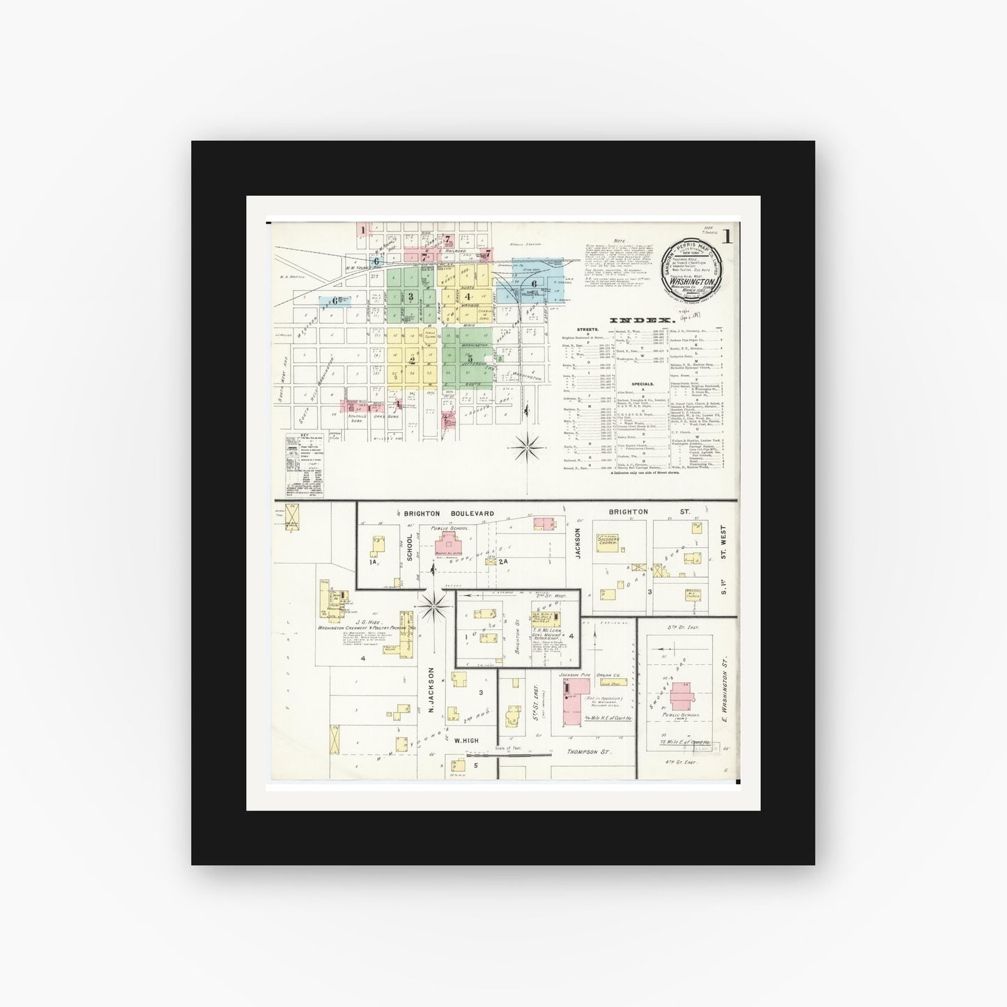 Old map wall art mockup — black gallery frame with white mat — Sanborn Fire Insurance Map from Washington, Washington County, Iowa (1897), Sheet #0001
