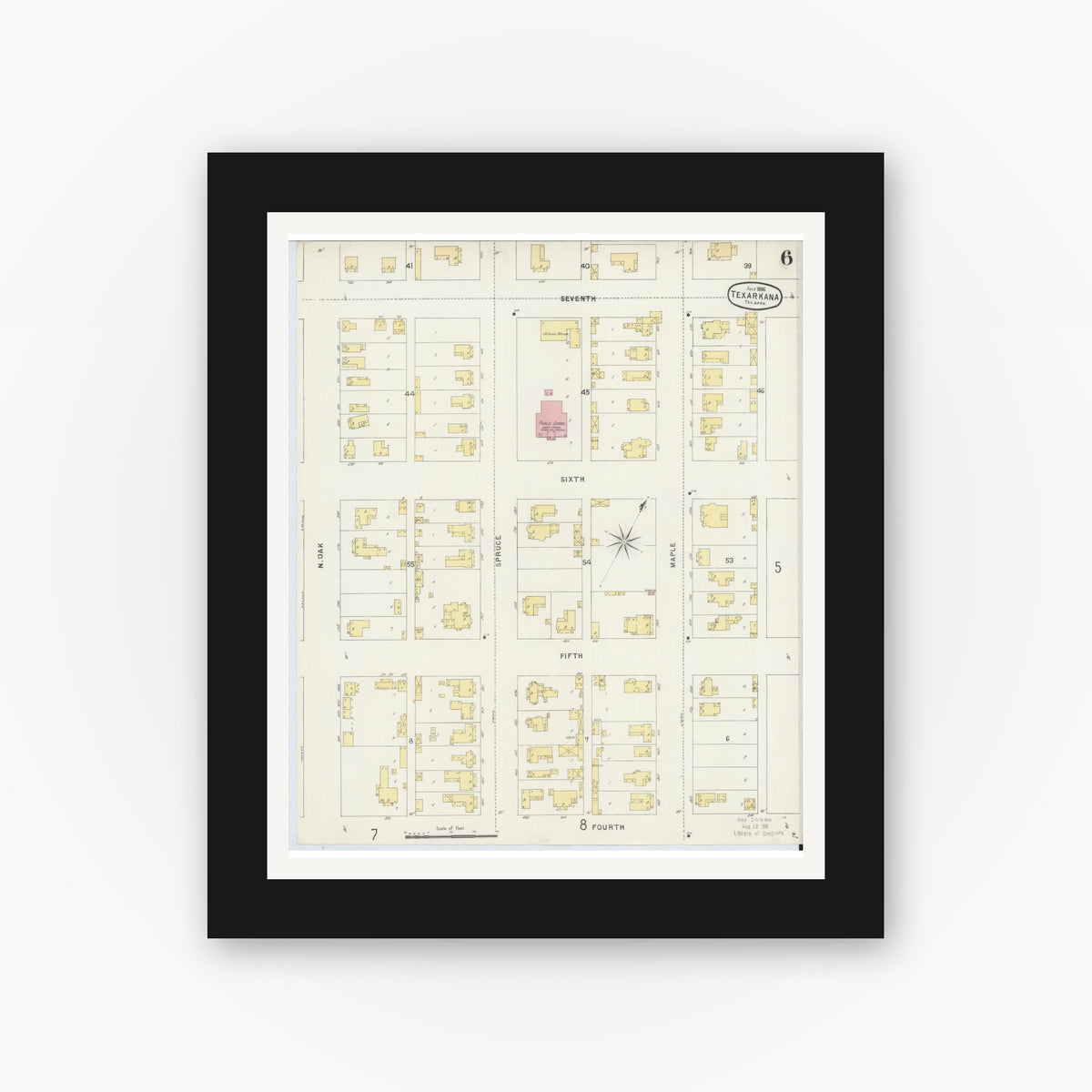 Old map wall art mockup — black gallery frame with white mat — Sanborn Fire Insurance Map from Texarkana, Bowie County, Texas (1896), Sheet #0006