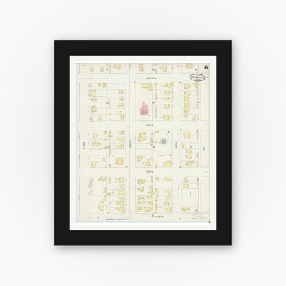 Old map wall art mockup — black gallery frame with white mat — Sanborn Fire Insurance Map from Texarkana, Bowie County, Texas (1896), Sheet #0006