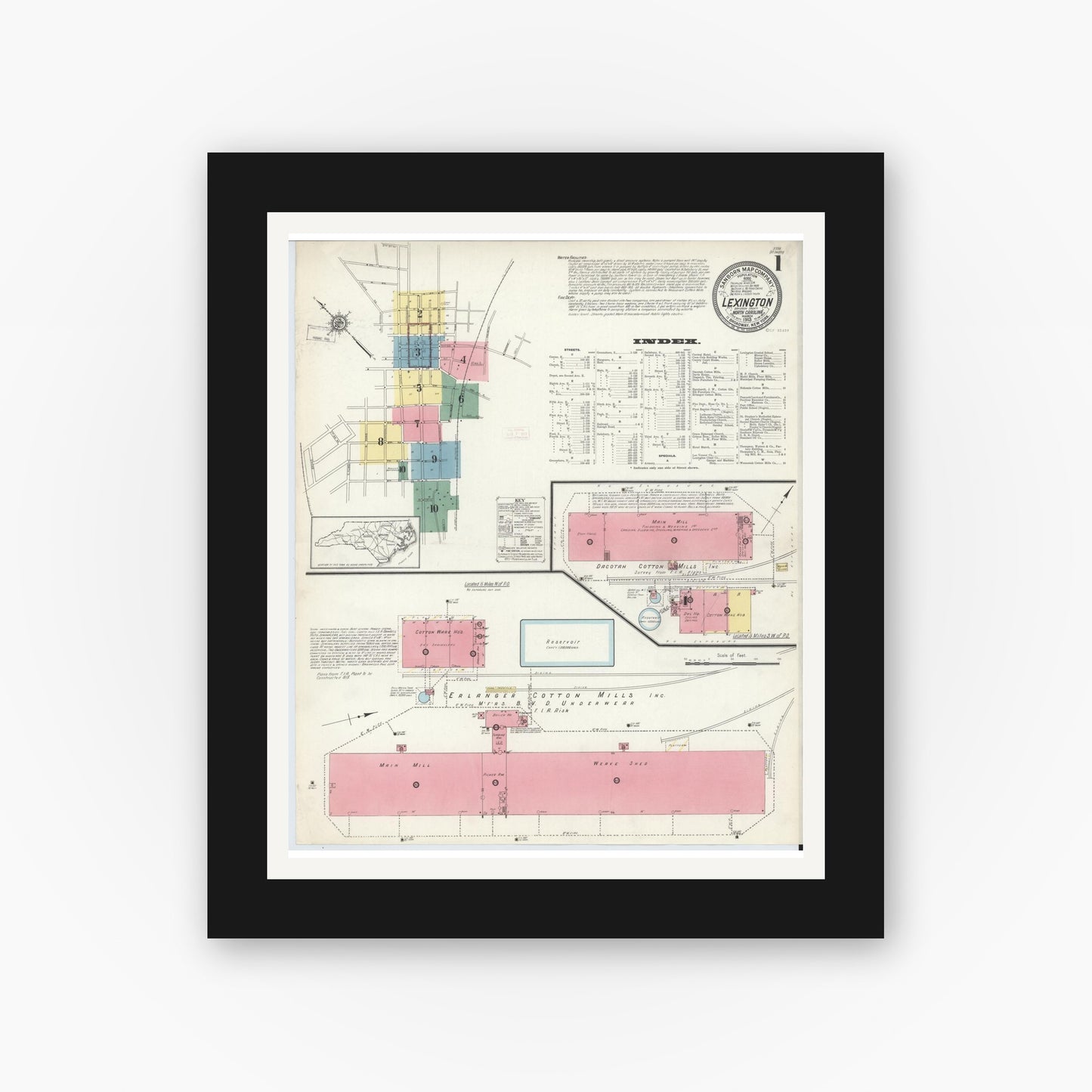 Old map wall art mockup — black gallery frame with white mat — Sanborn Fire Insurance Map from Lexington, Davidson County, North Carolina (1913), Sheet #0001