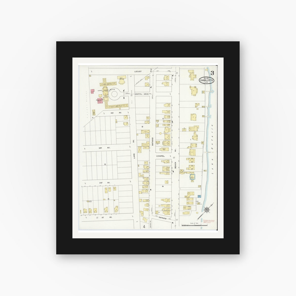 Old map wall art mockup — black gallery frame with white mat — Sanborn Fire Insurance Map from Charlotte, Monroe County, New York (1912), Sheet #0003