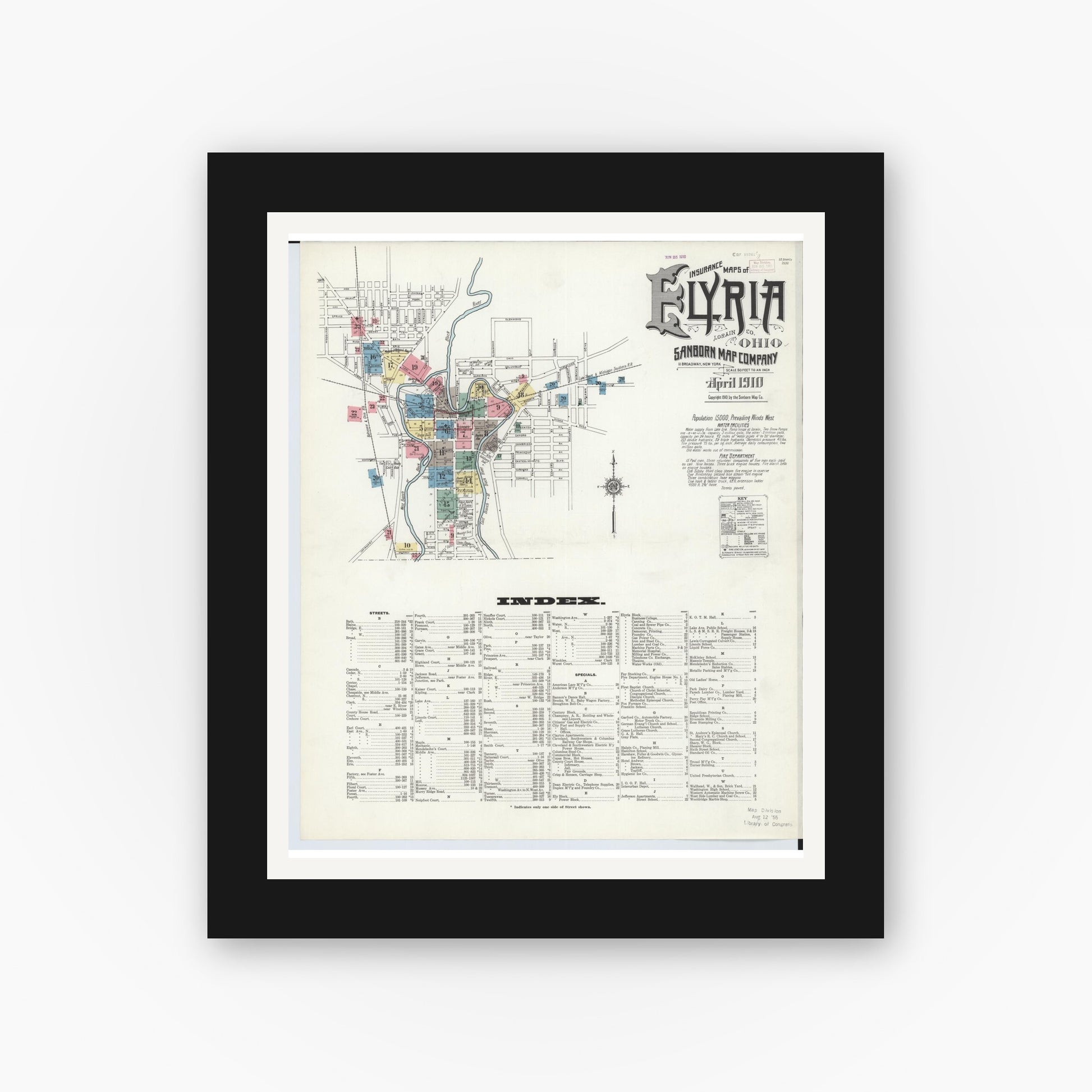 Old map wall art mockup — black gallery frame with white mat — Sanborn Fire Insurance Map from Elyria, Lorain County, Ohio (1910), Sheet #0001