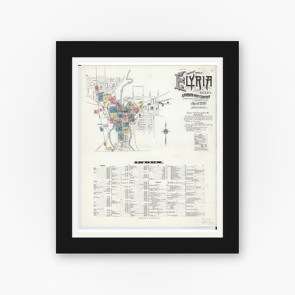 Old map wall art mockup — black gallery frame with white mat — Sanborn Fire Insurance Map from Elyria, Lorain County, Ohio (1910), Sheet #0001