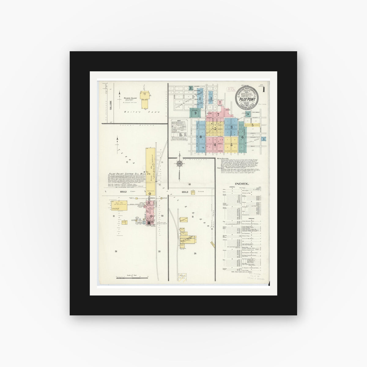 Old map wall art mockup — black gallery frame with white mat — Sanborn Fire Insurance Map from Pilot Point, Denton County, Texas (1912), Sheet #0001