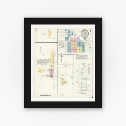 Old map wall art mockup — black gallery frame with white mat — Sanborn Fire Insurance Map from Pilot Point, Denton County, Texas (1912), Sheet #0001