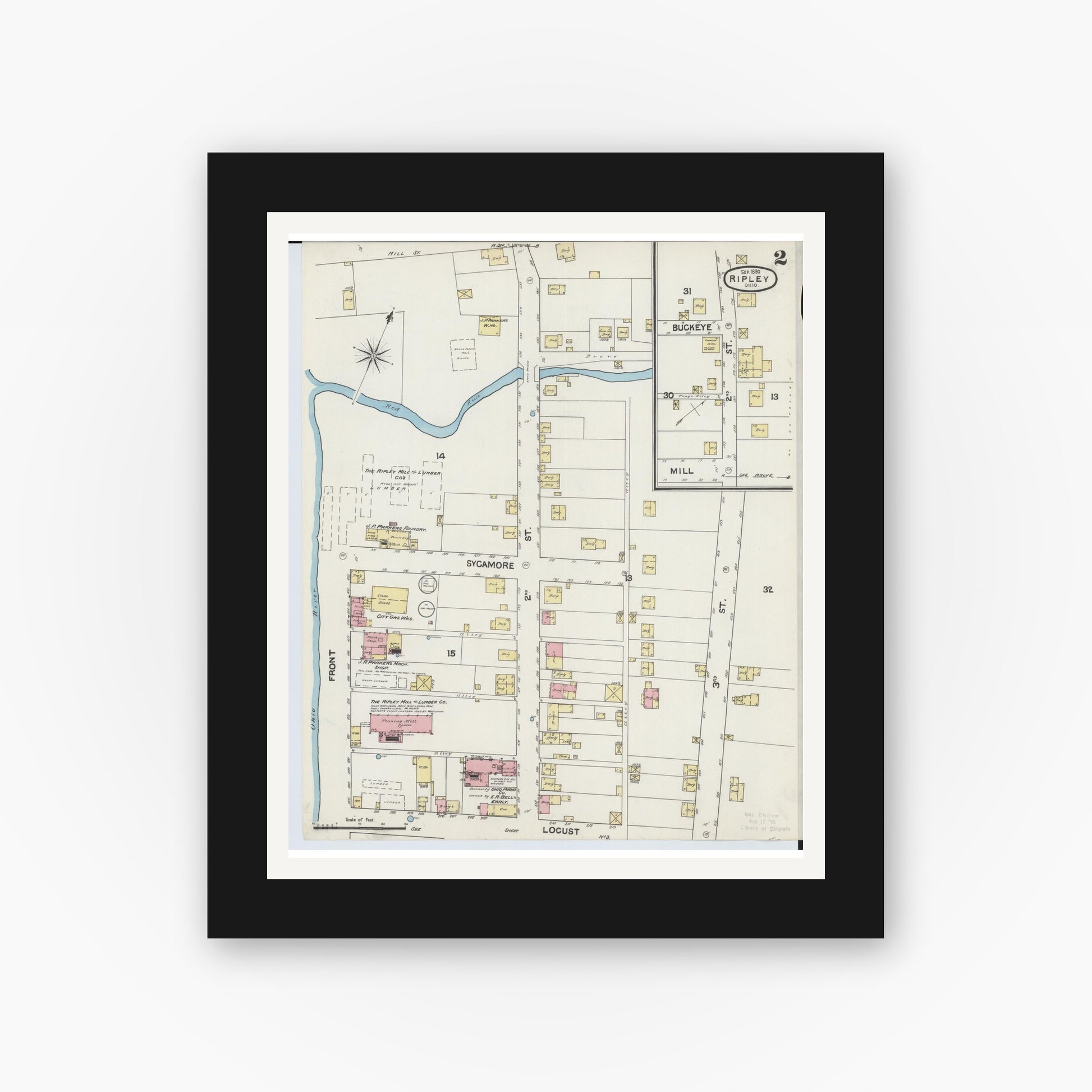 Old map wall art mockup — black gallery frame with white mat — Sanborn Fire Insurance Map from Ripley, Brown County, Ohio (1890), Sheet #0002
