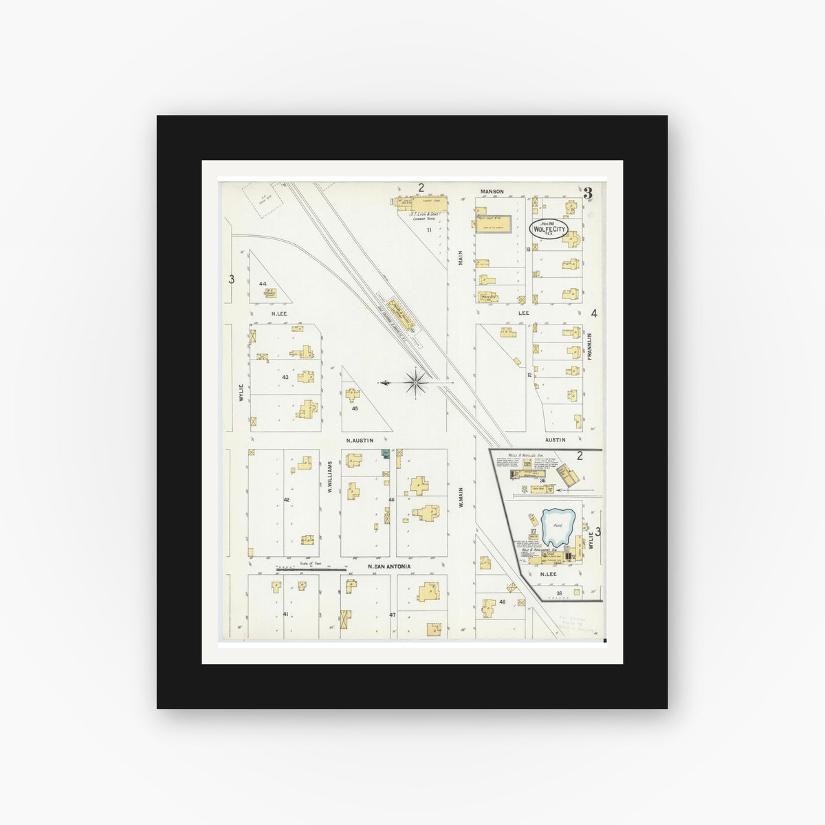 Old map wall art mockup — black gallery frame with white mat — Sanborn Fire Insurance Map from Wolfe City, Hunt County, Texas (1901), Sheet #0003