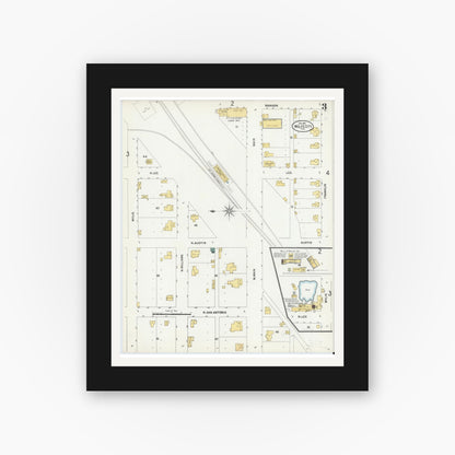 Old map wall art mockup — black gallery frame with white mat — Sanborn Fire Insurance Map from Wolfe City, Hunt County, Texas (1901), Sheet #0003