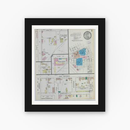Old map wall art mockup — black gallery frame with white mat — Sanborn Fire Insurance Map from El Paso, El Paso County, Texas (1885), Sheet #0001