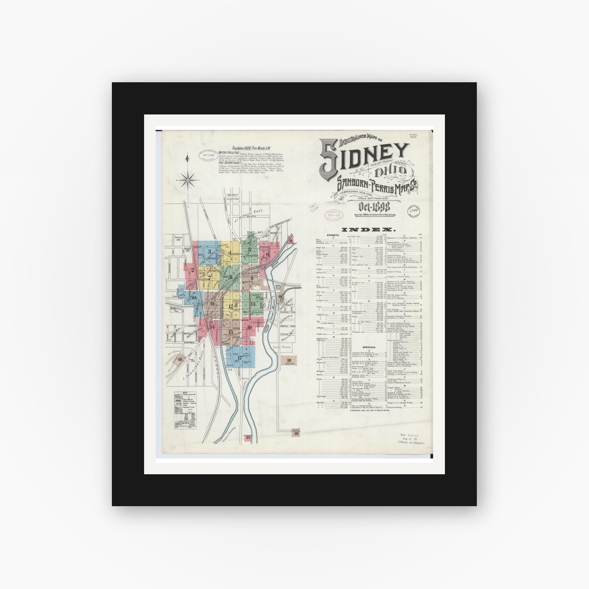 Old map wall art mockup — black gallery frame with white mat — Sanborn Fire Insurance Map from Sidney, Shelby County, Ohio (1898), Sheet #0001