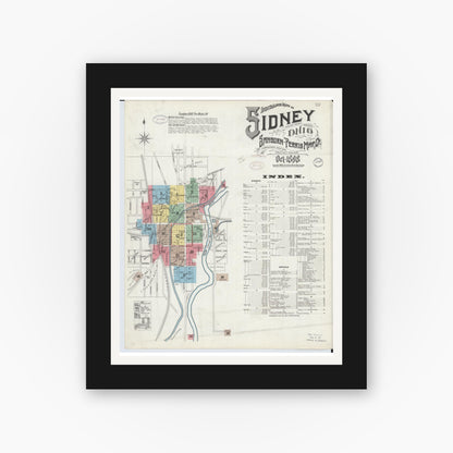 Old map wall art mockup — black gallery frame with white mat — Sanborn Fire Insurance Map from Sidney, Shelby County, Ohio (1898), Sheet #0001
