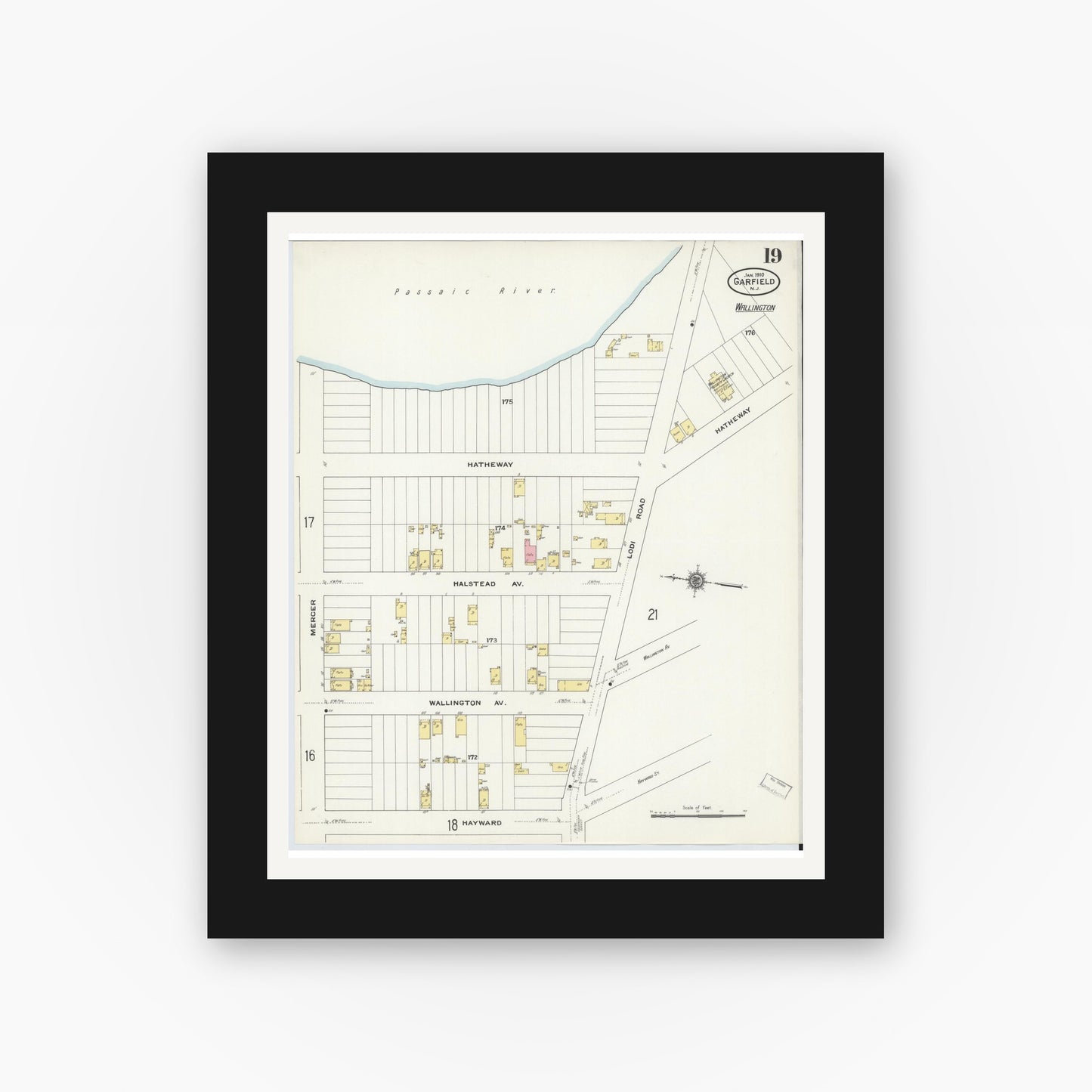 Old map wall art mockup — black gallery frame with white mat — Sanborn Fire Insurance Map from Garfield, Bergen County, New Jersey (1910), Sheet #0019