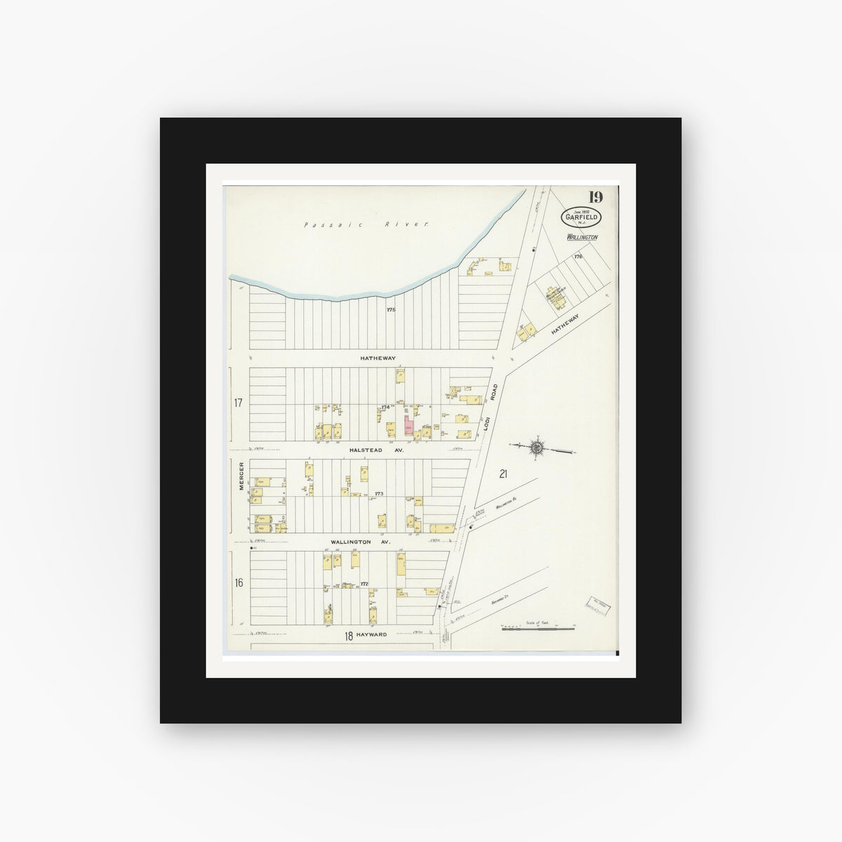 Old map wall art mockup — black gallery frame with white mat — Sanborn Fire Insurance Map from Garfield, Bergen County, New Jersey (1910), Sheet #0019