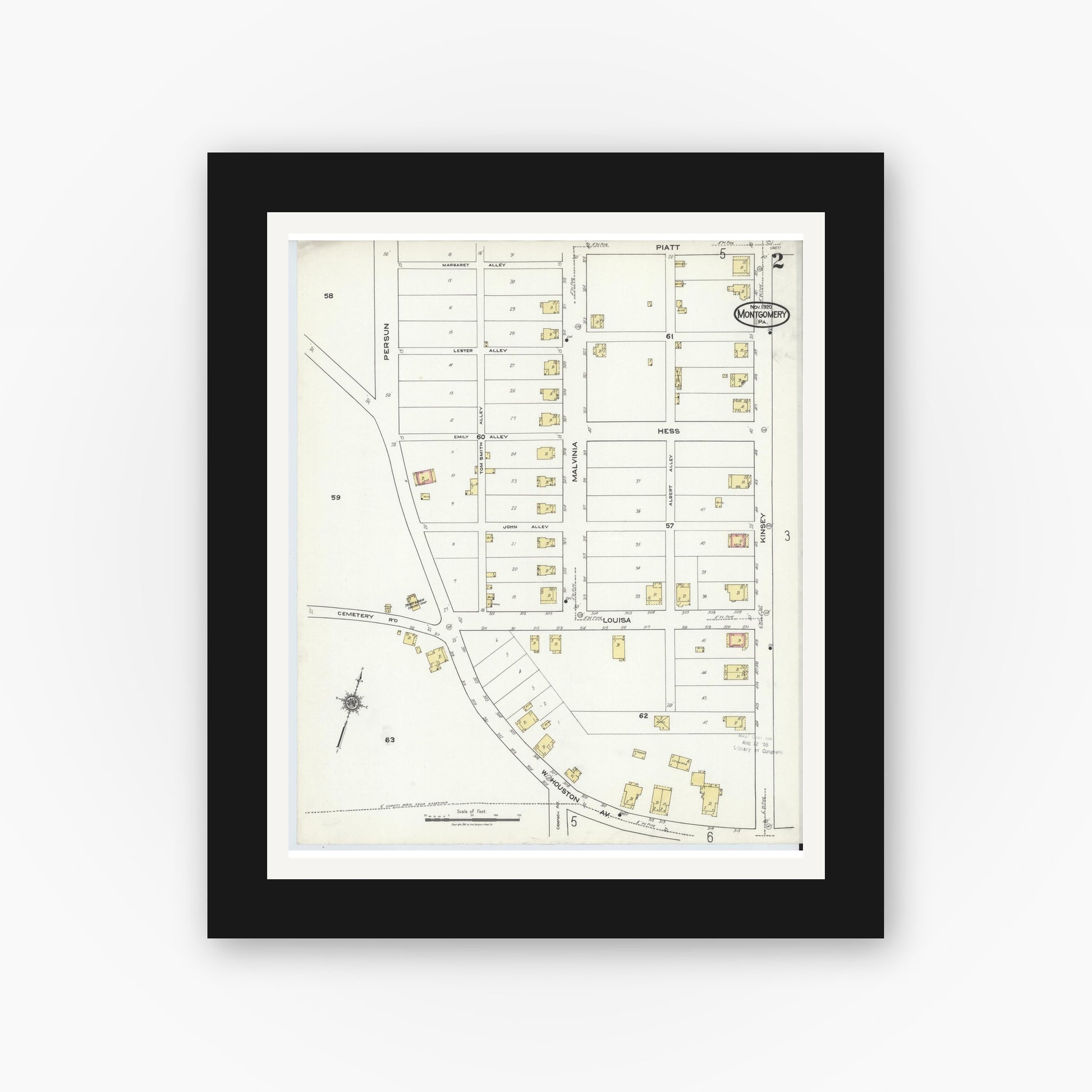 Old map wall art mockup — black gallery frame with white mat — Sanborn Fire Insurance Map from Montgomery, Lycoming County, Pennsylvania (1920), Sheet #0002