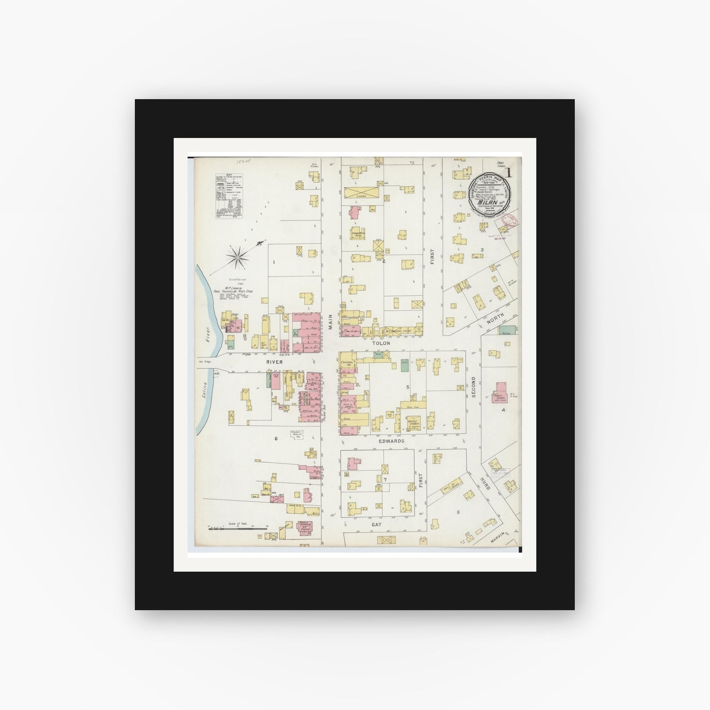 Old map wall art mockup — black gallery frame with white mat — Sanborn Fire Insurance Map from Milan, Washtenaw And Monroe Counties, Michigan (1895) - Complete Map Set