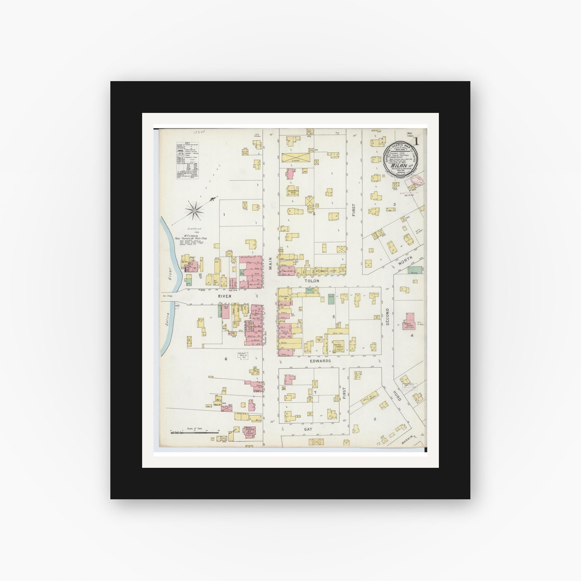 Old map wall art mockup — black gallery frame with white mat — Sanborn Fire Insurance Map from Milan, Washtenaw And Monroe Counties, Michigan (1895) - Complete Map Set