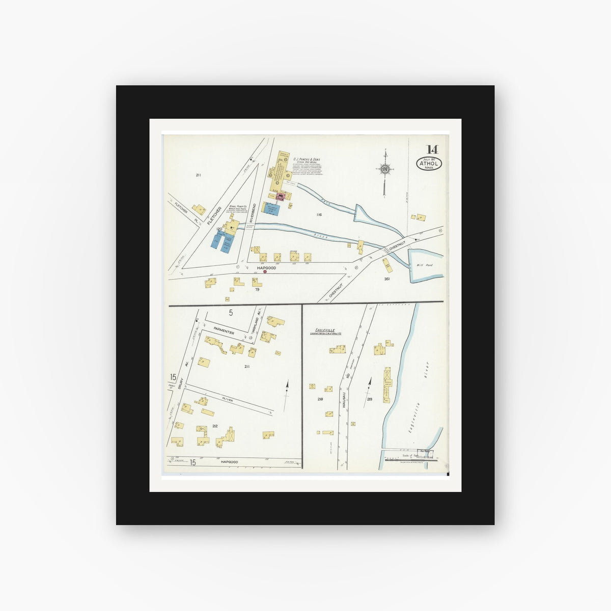 Old map wall art mockup — black gallery frame with white mat — Sanborn Fire Insurance Map from Athol, Worcester County, Massachusetts (1917), Sheet #0014