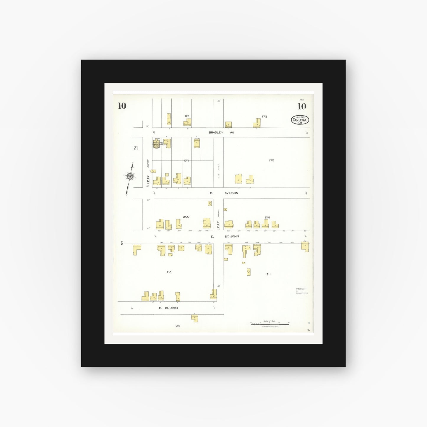 Old map wall art mockup — black gallery frame with white mat — Sanborn Fire Insurance Map from Tarboro, Edgecombe County, North Carolina (1923), Sheet #0010