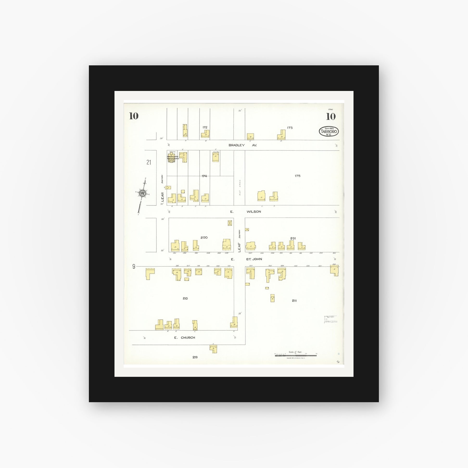 Old map wall art mockup — black gallery frame with white mat — Sanborn Fire Insurance Map from Tarboro, Edgecombe County, North Carolina (1923), Sheet #0010