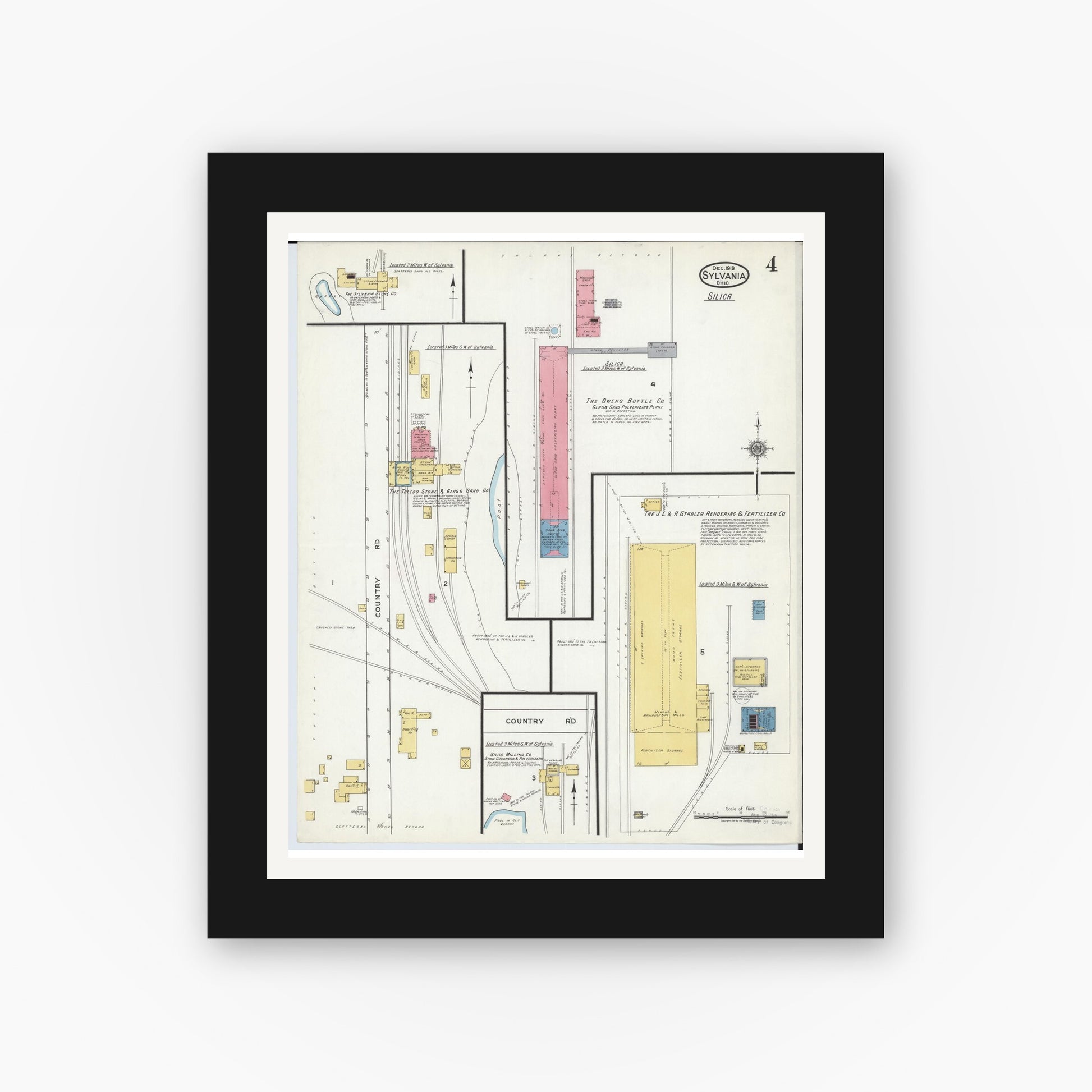 Old map wall art mockup — black gallery frame with white mat — Sanborn Fire Insurance Map from Sylvania, Lucas County, Ohio (1919), Sheet #0004