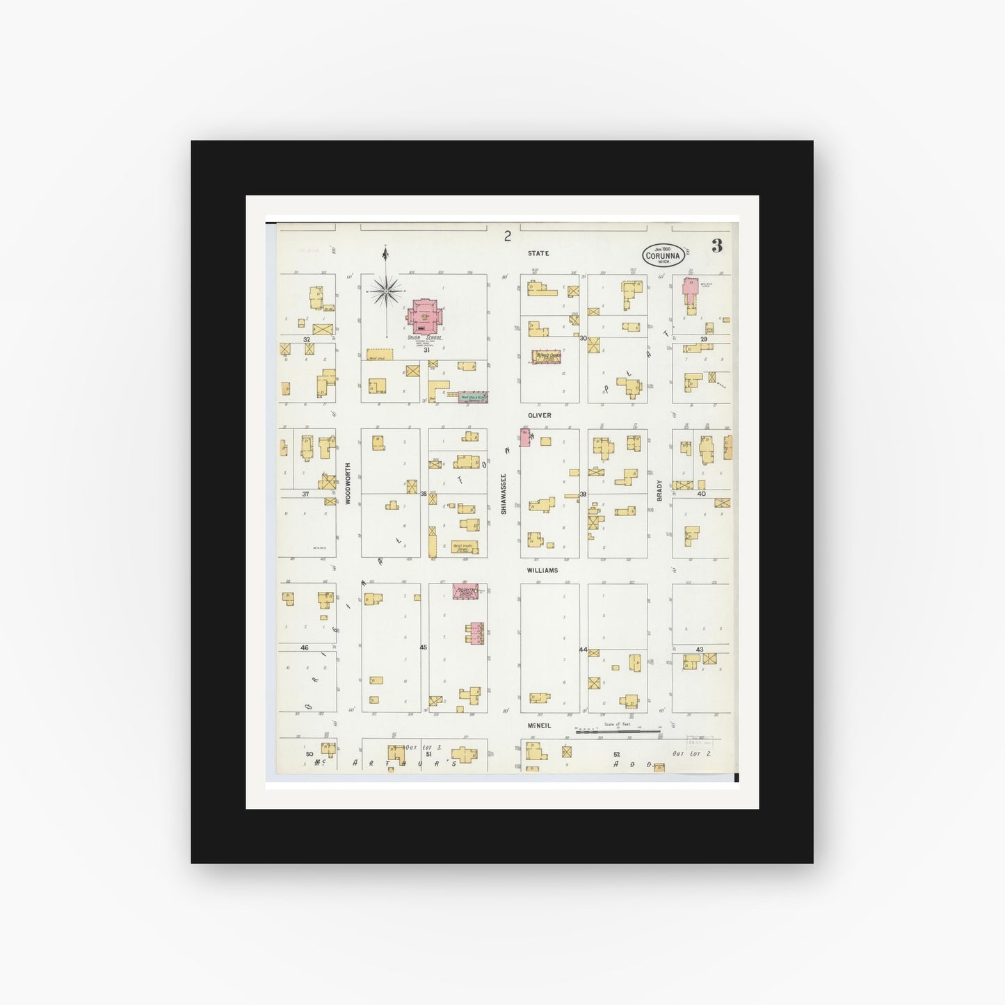 Old map wall art mockup — black gallery frame with white mat — Sanborn Fire Insurance Map from Corunna, Shiawassee County, Michigan (1900), Sheet #0003