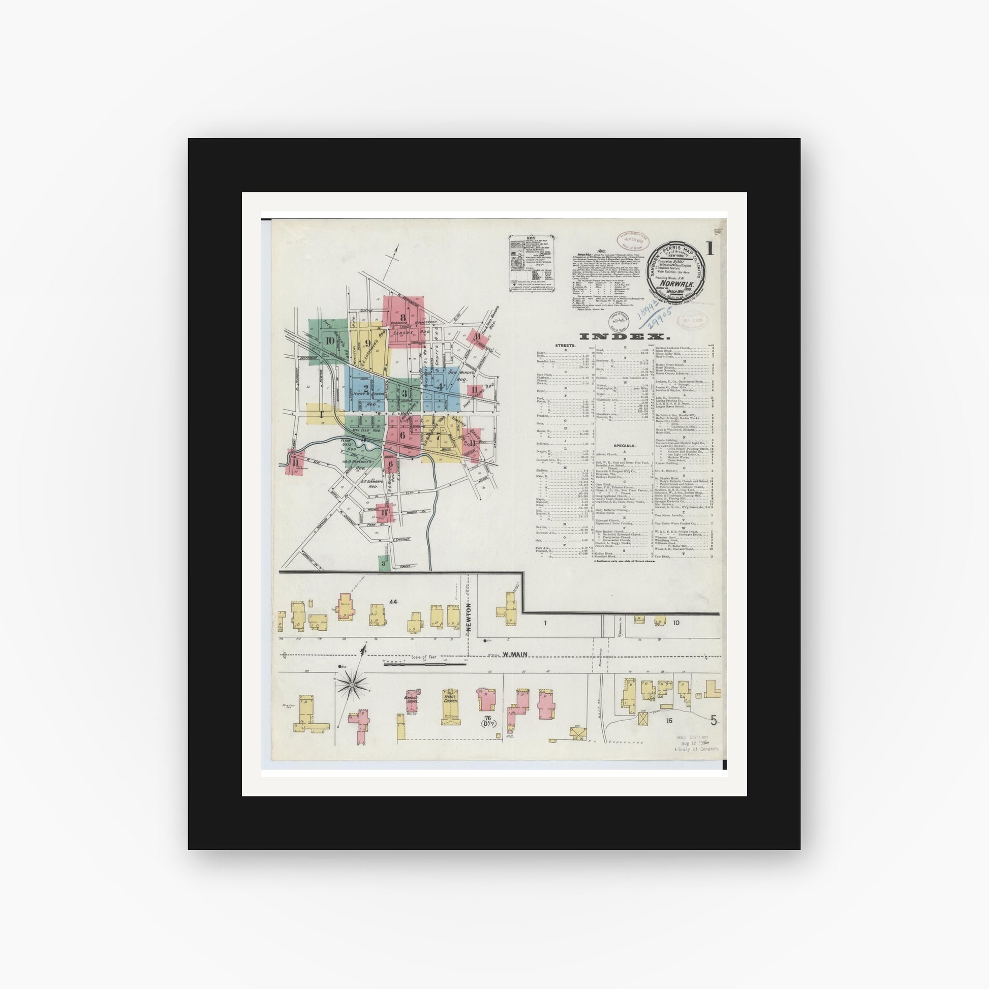 Old map wall art mockup — black gallery frame with white mat — Sanborn Fire Insurance Map from Norwalk, Huron County, Ohio (1899), Sheet #0001