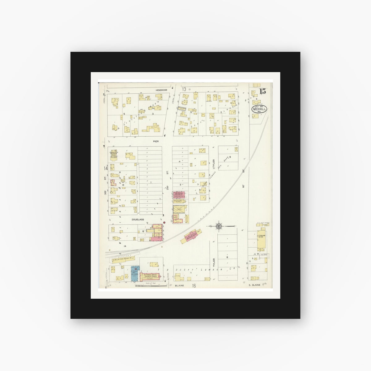 Old map wall art mockup — black gallery frame with white mat — Sanborn Fire Insurance Map from Merrill, Lincoln County, Wisconsin (1913), Sheet #0015