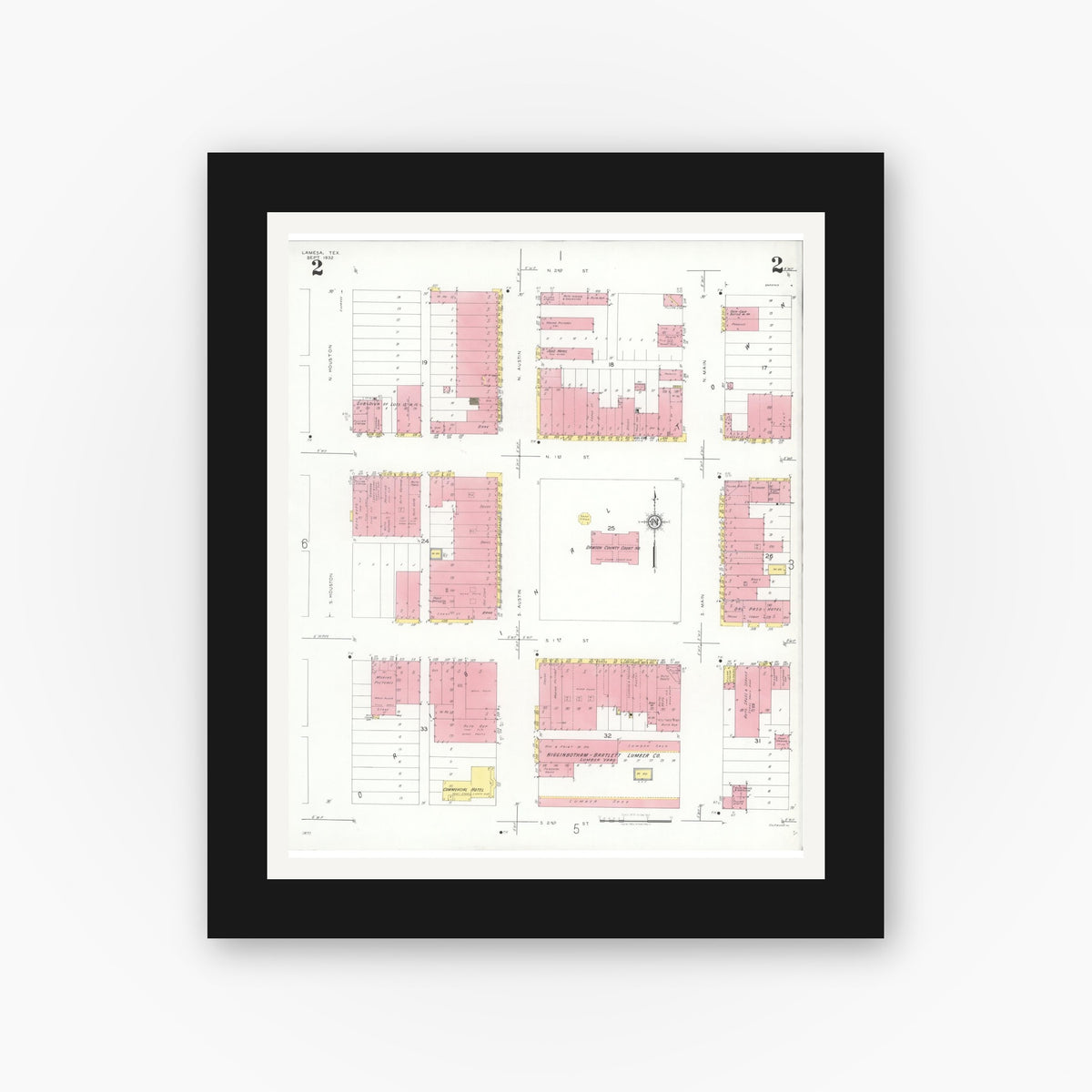 Old map wall art mockup — black gallery frame with white mat — Sanborn Fire Insurance Map from Lamesa, Dawson County, Texas (1932), Sheet #0002